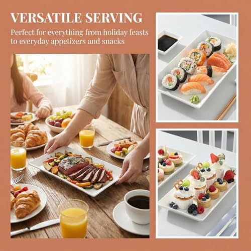 12" Serving Platters Rectangular Serving Plates Set of 4 Large Ceramic Serving Plates Porcelain Serving Tray Turkey Platter White Serving Plate for Steak Appetizer Dessert Oven Dishwasher Safe