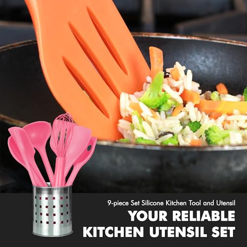 Premium Silicone Kitchen Tools and Utensils Set (9 Piece Set / Pink)