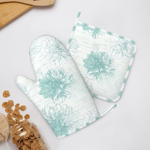 Oven Mitts and Pot Holders Dahlia Flower Pastel Vintage Silicone Kitchen Accessories Set of 4 Heat Resistant Long Gloves Potholder Non (A096)