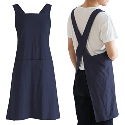 Japanese Cotton Linen Cross Back Cooking Apron for Women Men with Pockets Cute for Baking Kitchen