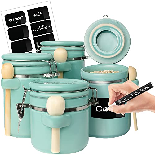 4 Piece Ceramic Kitchen Canisters Set Airtight Containers with Wooden Spoons For Sugar