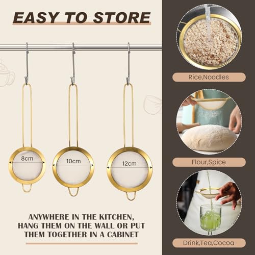 Stainless Steel Gold Colander and 3 Pcs Gold Fine Mesh Strainer