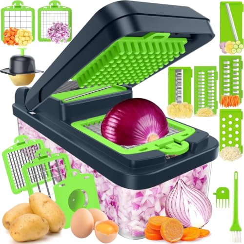 12-in-1 Vegetable Chopper with 7 Blades, Food Veggie Cutter, Green (Green / 7 Blades)