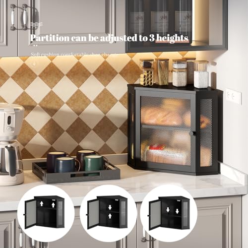 Corner Bread Box Kitchen Countertop Extra Large Capacity Farmhouse Bread Box (Black / 11.8" x 11.8" x 13.8")