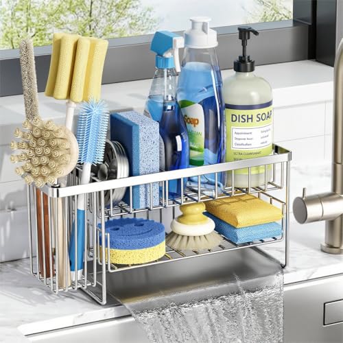 2 Tier Kitchen Sink Caddy Organzier Rack with Flexible Dish Brush Holder