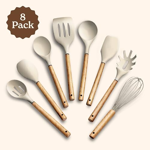 Non Stick Silicone Utensil Set with Rounded Wood Handles for Cooking and Baking (8 Piece Set / Khaki)