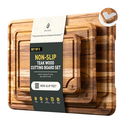 Teak Wood Cutting Boards for Kitchen 3 Pack Wooden Chopping Boards Non Slip (Multi-Size Set | 3 Pack)