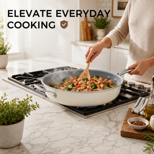 14 INCH Ceramic Nonstick Deep Frying Pan with Lid (Cream & Grey / 14 Inch /6 QT)
