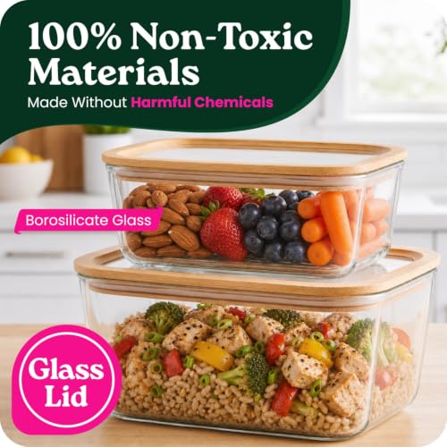 Glass Food Storage Containers with Glass Lids & Bamboo Rim