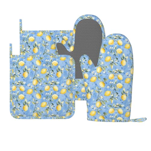 Oven Mitts Pot Holders Set Watercolor Lemon Flower Blue Silicone Kitchen Gloves Potholders Heat Resistant for Chef Baking Cooking Grilling BBQ 4 Pack Mitt (B016)