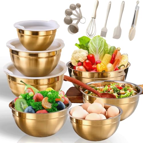 7 Pack Gold Mixing Bowls Set with 5 PCS Kitchen Accessories