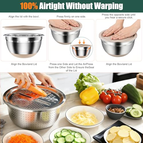 Stainless Steel Mixing Bowls Set with Lids & Silicone Base (Khaki)