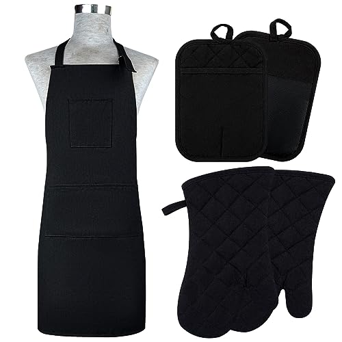 Oven Mitts and Pot Holders with Cooking Apron Set of 5 (Black)