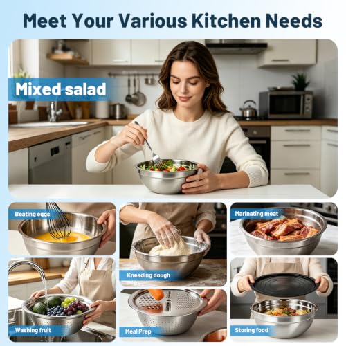 Stainless Steel Mixing Bowls with Lids and Colander Set (Black)