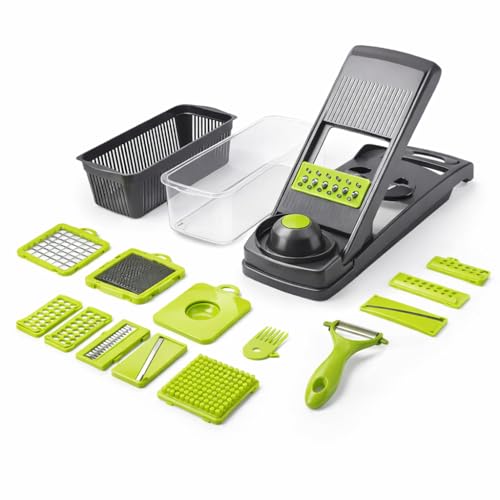 16-in-1 Vegetable Chopper & Mandoline Slicer – Multi-Function Food Cutter with Container, Stainless Steel Blades, Onion Dicer, Veggie Cutter, Grater Kitchen Tool