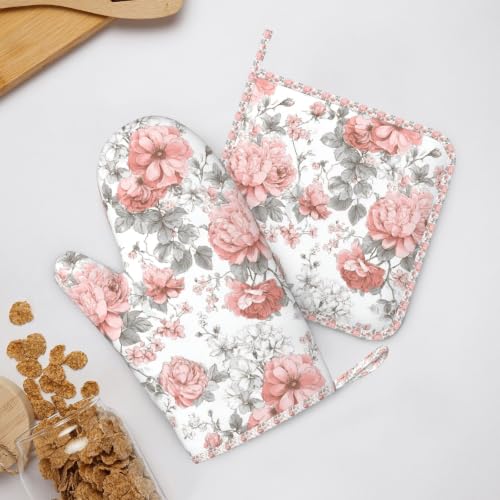 Oven Mitts Pot Holders Set Vintage Flower Silicone Kitchen Gloves Potholders Heat Resistant for Chef Baking Cooking Grilling BBQ 4 Pack Mitt (A0613)