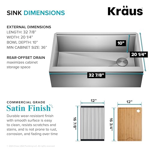 Kore 33 Inch Farmhouse Workstation with In Sink Dish Drying Rack (33 Inch / Flat Farmhouse / Stainless Steel)