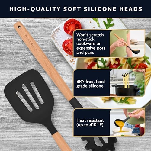 Silicone Kitchen Utensils Set with Wooden Handle (Stone)