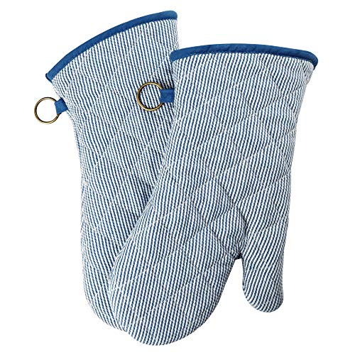 1 Pair Yarn Dyed Oven Mitts 100% Cotton Heat Resistant 470 Degree Gloves Men Women Cooking Baking Barbecue BBQ Microwave Crafting Machine Washable Pot Holders Mittens