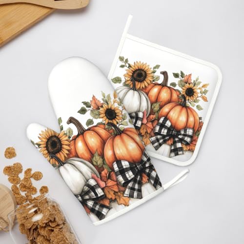 Oven Mitts and Pot Holders Set Pumpkin Thanksgiving Fall Silicone Kitchen Accessories 4 Piece Heat Resistant Long Gloves Potholder Non (C03)