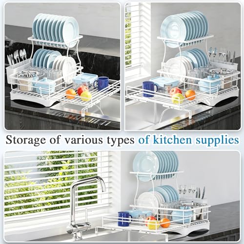 2 Tier Dish Drying Rack (White / 2-Tier Dish Rack 16.7"W X 14.8"H 12.8"-20.8")