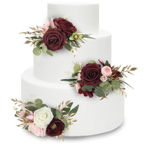 3Pcs Pre made Cake Topper Cake Decorating Flowers for Cake Decor Cake Flowers for Wedding Baptism Birthday Party Bridal Baby Shower