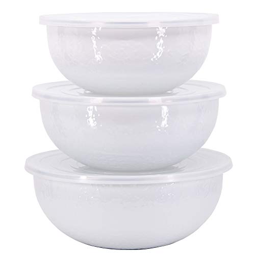 Enamelware Nested Mixing Bowls with Lids (Set of 3 - 3, 3.5 & 4.5 quarts / Solid White Textured)