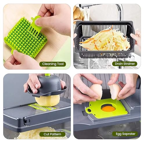 16-in-1 Vegetable Chopper & Mandoline Slicer, Heavy-Duty Food Chopper with 8 Stainless Steel Blades, Onion Dicer, Veggie Cutter, Drain Basket, Egg Separator & Storage Container