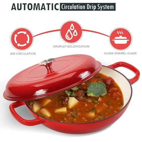 3.8 Quart Enameled Cast Iron Braiser Pan with Lid (Red / 3.8QT)