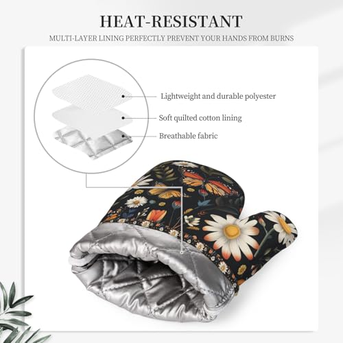 Oven Mitts Pot Holders Set Vintage Butterfly Daisy Leaf Silicone Kitchen Gloves Potholders Heat Resistant for Chef Baking Cooking Grilling BBQ 4 Pack Mitt (D01)