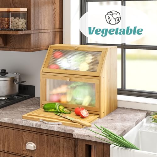Extra Large Bread Box with Cutting Board Bamboo Wood Bread Box for Kitchen Counter (Natural)