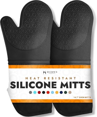 BPA Free Silicone Oven Mitts Ultra Heat Resistant up to 500°F (Black / 2-Piece 14.7" Oven Mitts)