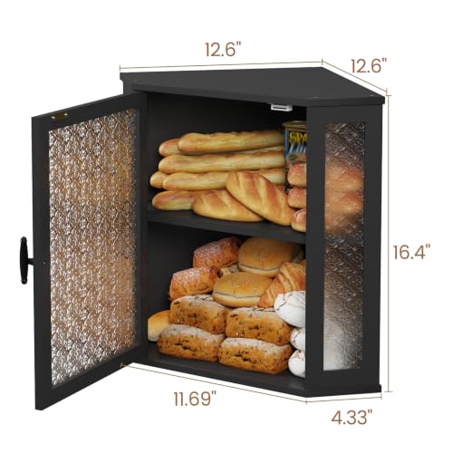 Corner Bread Box for Kitchen Countertop Double Layer Bamboo Wood Large Capacity Bread Storage Container Retro Vintage Farmhouse (Black / Extra Large)