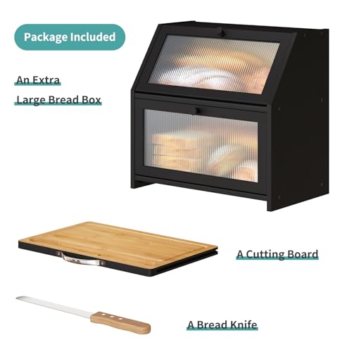 Extra Large Bread Box with Cutting Board Bamboo Wood Bread Box for Kitchen Counter (Black)