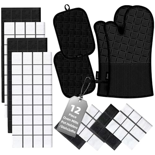 Oven Mitts Kitchen Towels and Dishcloths Pot Holders Sets (Black)