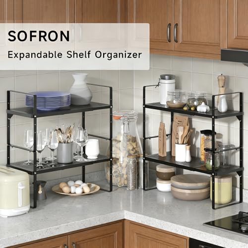 Expandable Cabinet Storage Shelf Stackable Organizer Rack for Kitchen Bathroom Pantry Spice Cupboard Coffee Countertop Home Office Desk Heavy Duty Nonslip