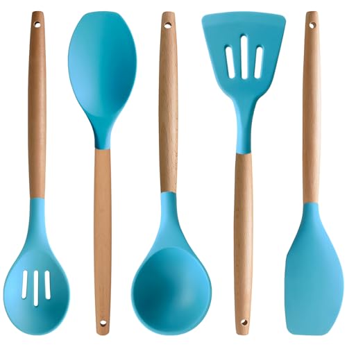 Silicone Kitchen Cooking Utensils Set (Standard 5-Piece Set / Light Blue)