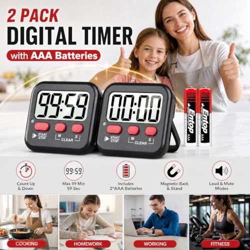 2 Pack Digital Timer for Kids Classroom Kitchen Timers for Cooking (1 * New Black)