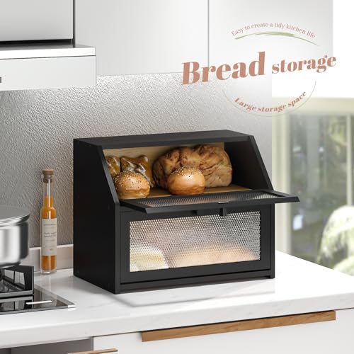 Bread Box for Kitchen Countertop Bin Double Layer Bread Box Storage Container Extra Large Capacity Farmhouse with Diamond Pattern Windows (Black / Large)