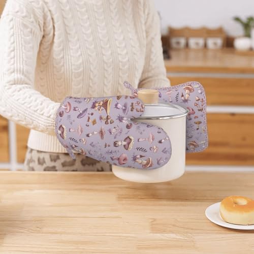 Oven Mitts Pot Holders Set Mushrooms Vintage Botanical Silicone Kitchen Gloves Potholders Heat Resistant for Chef Baking Cooking Grilling BBQ 4 Pack Mitt (B113)