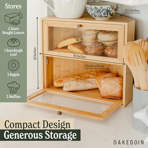 Corner Bread Box for Kitchen Countertop (Natural Bamboo)