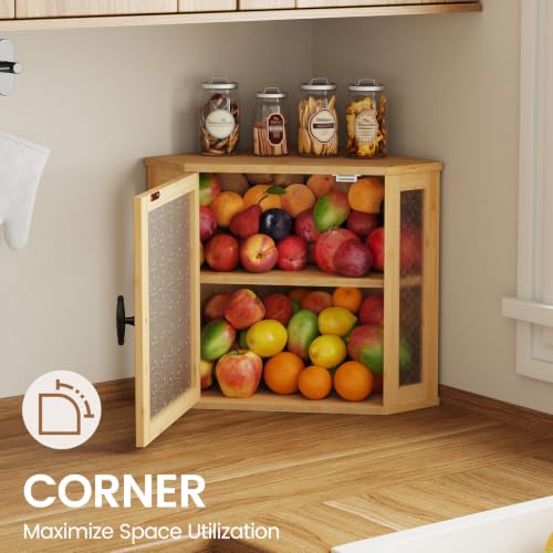 Corner Bread Box for Kitchen Countertop Double Layer Bamboo Wood Large Capacity Bread Storage Container Retro Vintage Farmhouse (Natural / Medium)
