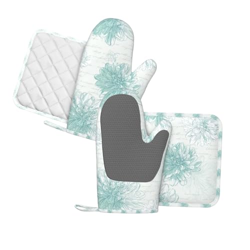 Oven Mitts and Pot Holders Dahlia Flower Pastel Vintage Silicone Kitchen Accessories Set of 4 Heat Resistant Long Gloves Potholder Non (A096)
