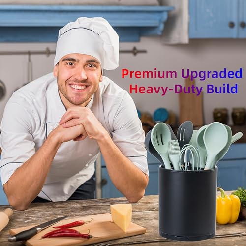 Kitchen Utensil Holder Extra Large 360°Rotating For Counter Organizer Stainless Steel Storage Cooking Silverware Caddy 3 Compartment Flatware Spoon Spatula Tool Cutlery Container
