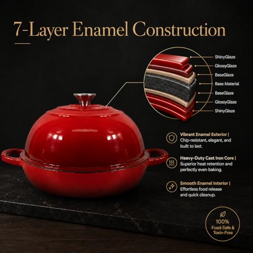 6QT Enameled Cast Iron Dutch Oven for Sourdough Bread Baking (Garnet Red)
