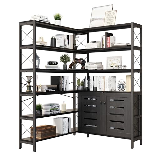 Corner Bookshelves and Bookcases Industrial Corner Etagere Bookcase L Shaped Shelf 6 Tiers with Metal Frame for Living Room Home Office