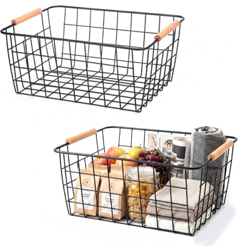 Metal Wire Food Storage Basket Organizer with Wooden Handles for Organizing Kitchen Cabinets