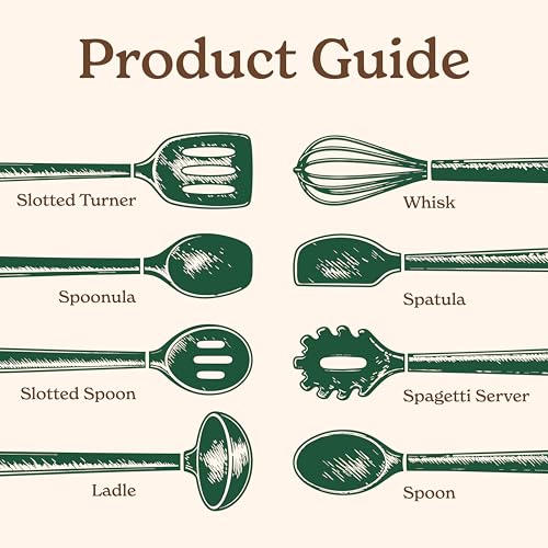 Non Stick Silicone Utensil Set with Rounded Wood Handles for Cooking and Baking (8 Piece Set / Green)