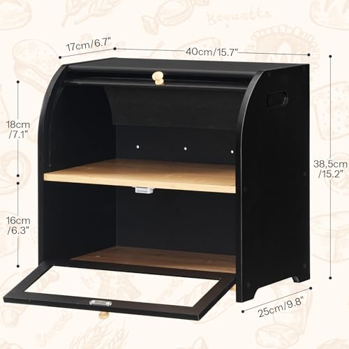Bread Box Bamboo Bread Box for Kitchen Countertop (Black)