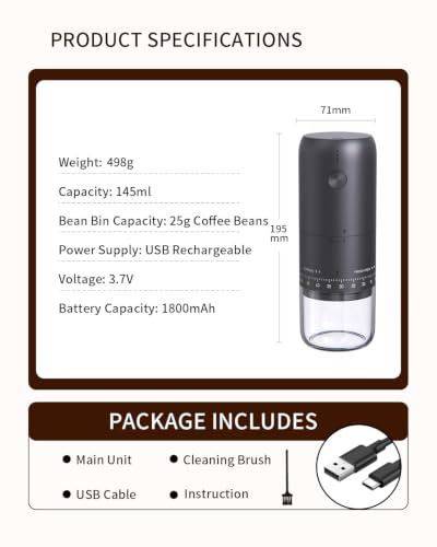 Rechargeable Electric Burr Coffee Grinder Portable Cordless Coffee Bean Grinder with Stainless Steel Conical Burr